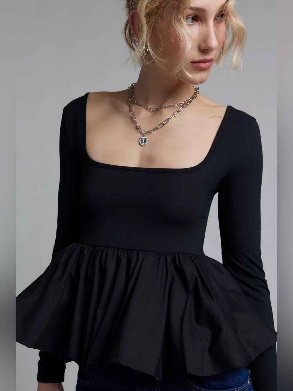 Urban Outfitters Silence + Noise Black Bubble Hem Peplum Top Coquette Balletcore